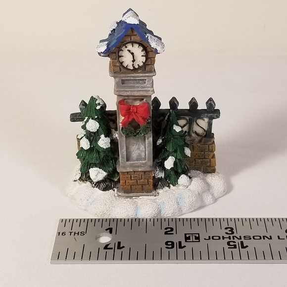 Christmas Village Town Clock Porcelain Accessory by Brick Wall & Pine Trees - Picture 7 of 8